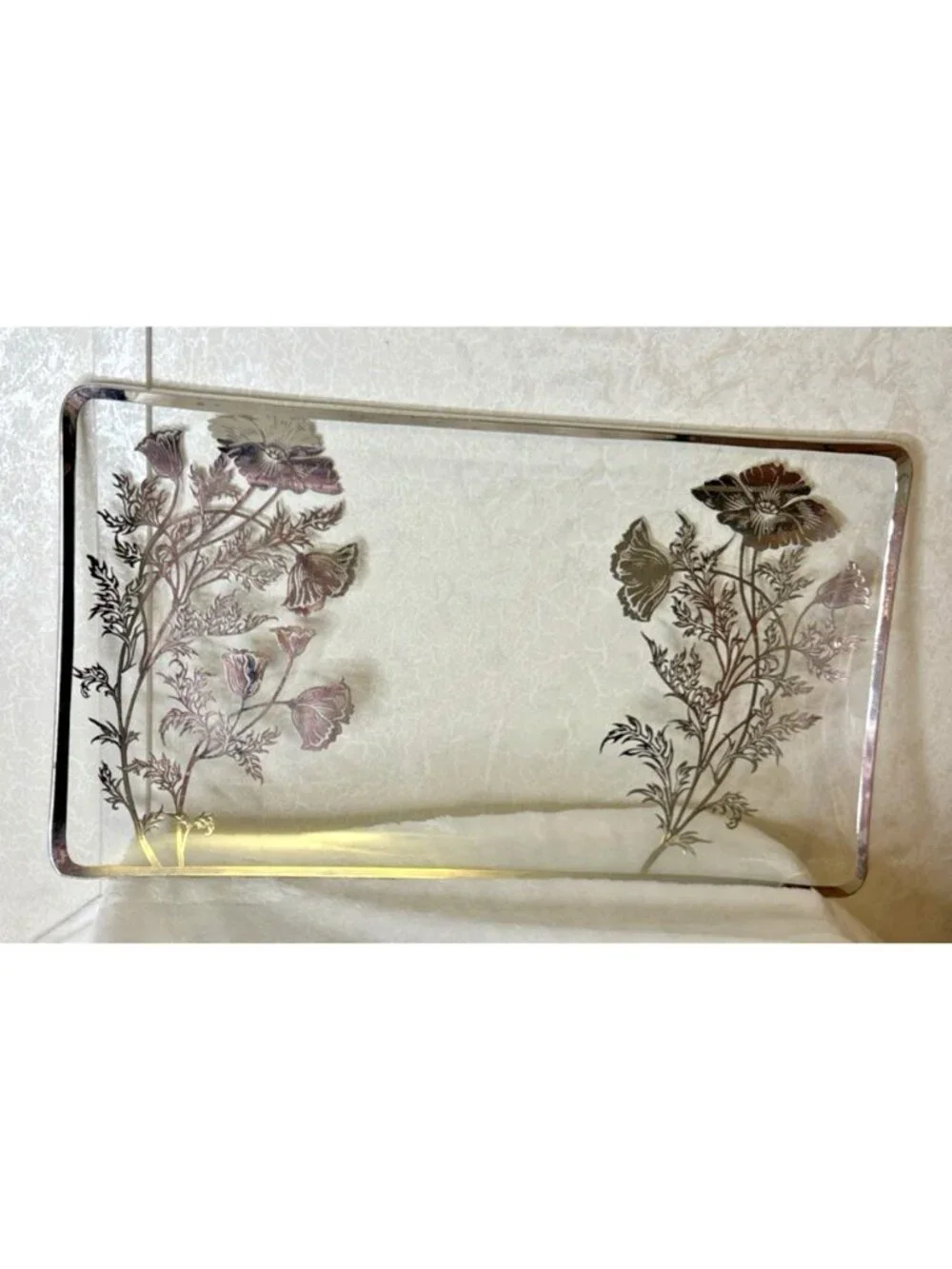 VTG MCM 1950's Silver City Floral Poppy Glass Overlay Platter Horderves Tray